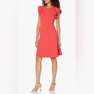 Description
Tommy Hilfiger scuba crepe flutter sleeve solid sheath, size 6